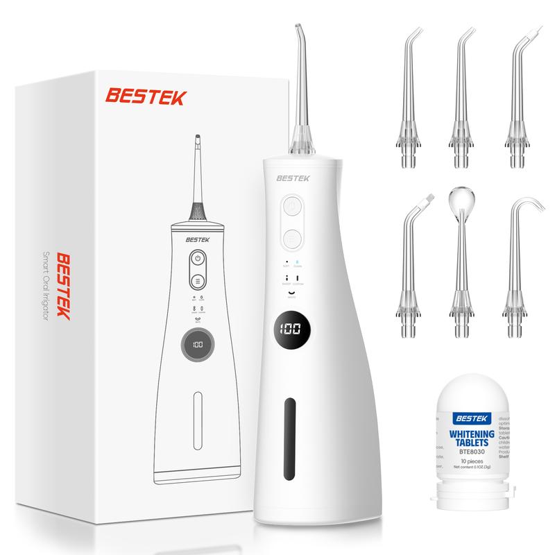 BESTEK Water Dental Flosser Teeth Pick - 5 Modes Rechargable Water Flosser with 10Pcs Whitening Tablets, 300ML Tank, 6 Jet Tips, IPX7 Waterproof, Cordless Oral Irrigator for Teeth, Gums, Braces Care