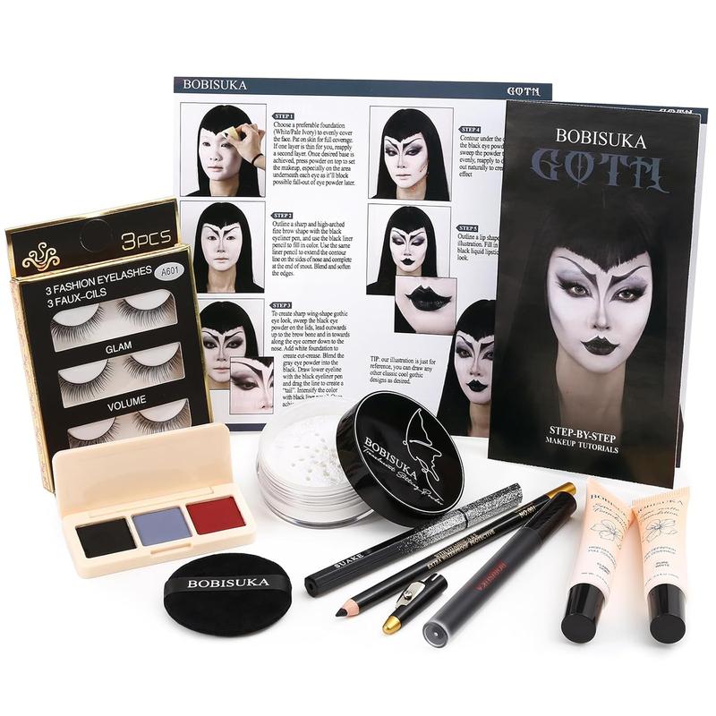 Halloween Goth Makeup, Complete Goth Make Up Set with White Foundation, Black Lipstick, Dark Smokey Eyeshadow Kit for SFX Gothic Makeup, Cosplay, Costume Party, Theater and Film