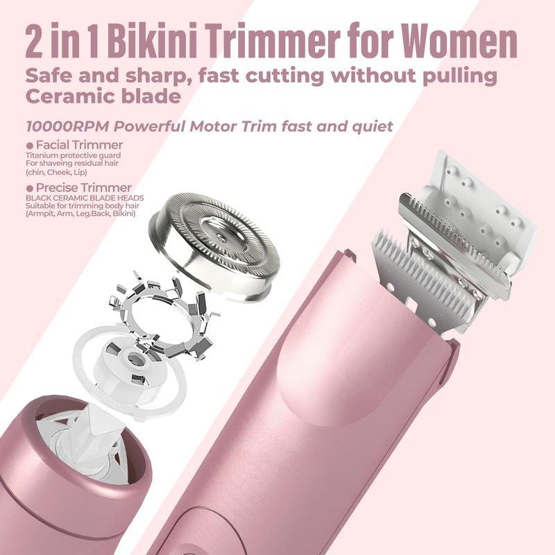 Bikini Trimmer for Women, Akunbem Electric Shaver and Razor Rechargeable 2-in-1 Body and Facial Hair Removal Double Head for Painless Trimming of Pubic Face Underarm Legs, IPX7 Waterproof