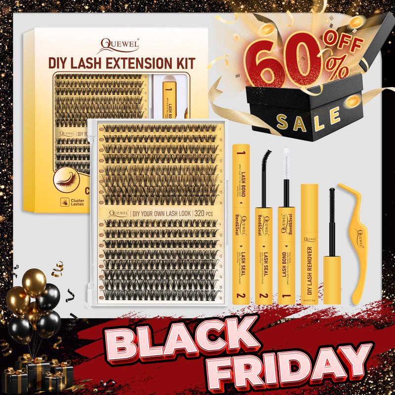 Blackfriday QUEWEL DIY Lash Extension Kit, Waterproof Lash Bond and Seal with Remover, Long Lasting and Fluffy D Curl Lash Clusters Beginner Friendly