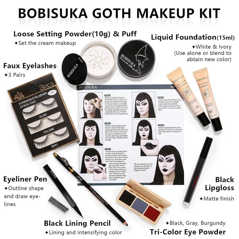 Halloween Goth Makeup, Complete Goth Make Up Set with White Foundation, Black Lipstick, Dark Smokey Eyeshadow Kit for SFX Gothic Makeup, Cosplay, Costume Party, Theater and Film