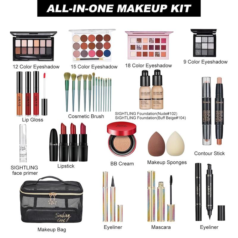 All In One Makeup Kit, Travel Makeup Kit, Makeup Kit for Women Full Kit, Makeup Gift Set for Women & Girls, Includes Foundation Eyeshadow Palette Lipstick Eyeliner Mascara Cosmetic Brush Set