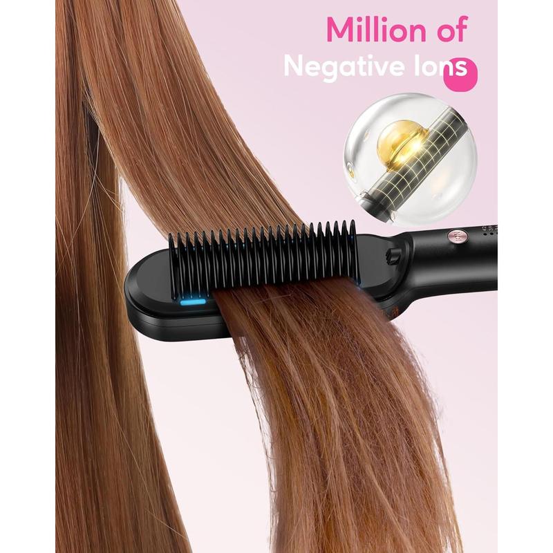 Wavytalk Hair Straightener Brush, Ionic Hair Straightening Brush with 6 Temperature Adjust, Anti-Scald Ceramic Hair Straightener Comb Fast Heating for Home Salon, Dual Voltage, Rose Gold.