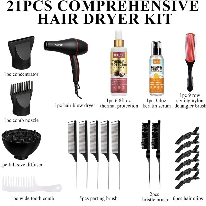  21Counts Hair Dryer Kit Lightweight Low Noise Ionic Blow Dryer Constant Temperature 1800W Professional Hair Dryers for Women Men with Brush Set