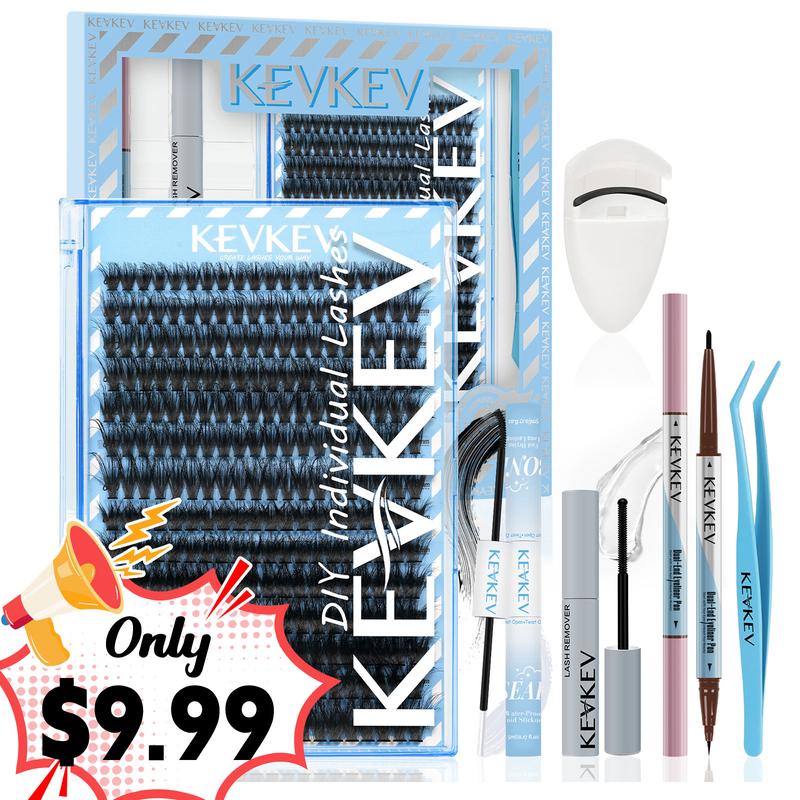 KevKev 280Pcs Fluffy Volume DIY Lash Clusters Kit 3D Eyelash Extension Kit with Lash Bond and Seal Remover Eyeliner Pen lash Curler 6-In-1(60D+80D)