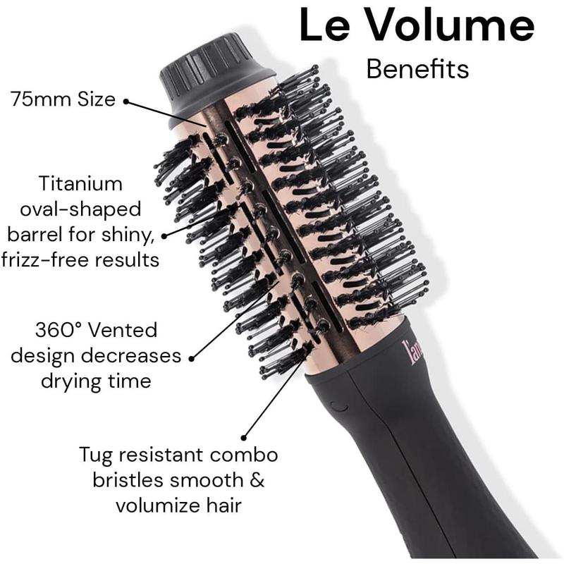 L'ANGE HAIR Le Volume 2-in-1 Titanium Blow Dryer Brush | Hot Air Brush in One with Oval Barrel | Hair Styler for Smooth, Frizz-Free Results for All Hair Types (Black - 75 mm)