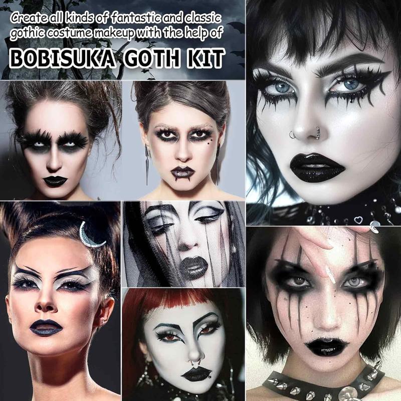 Halloween Goth Makeup, Complete Goth Make Up Set with White Foundation, Black Lipstick, Dark Smokey Eyeshadow Kit for SFX Gothic Makeup, Cosplay, Costume Party, Theater and Film