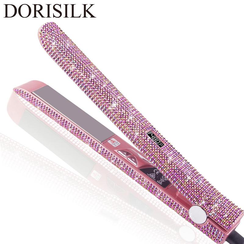 480°F Hair Straightener and Curler Titanium Flat Iron Rhinestone Straightening Iron 1“ Salon Professional Dual Voltage Crystal Bling