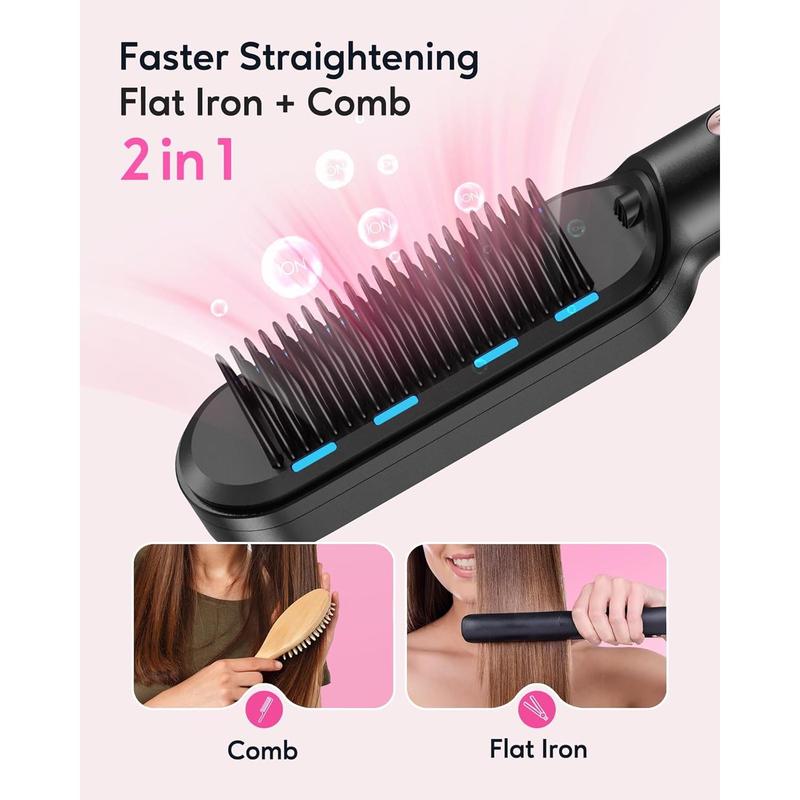 Wavytalk Hair Straightener Brush, Ionic Hair Straightening Brush with 6 Temperature Adjust, Anti-Scald Ceramic Hair Straightener Comb Fast Heating for Home Salon, Dual Voltage, Rose Gold.