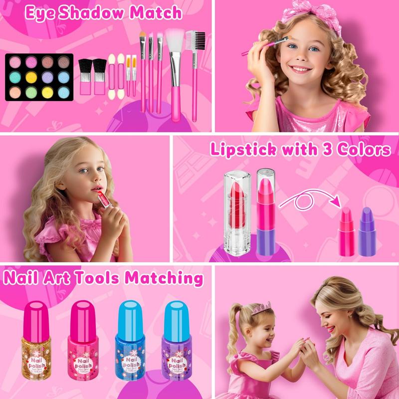 58 Pack Kids Makeup Kit for Girl, Princess Toys Real Washable Cosmetic Set with Mirror, Kids Makeup Sets for Girls, Play Make Up Birthday Gifts for 4 5 6 7 8 9 10 11 12 Years Old Kid (Rose)