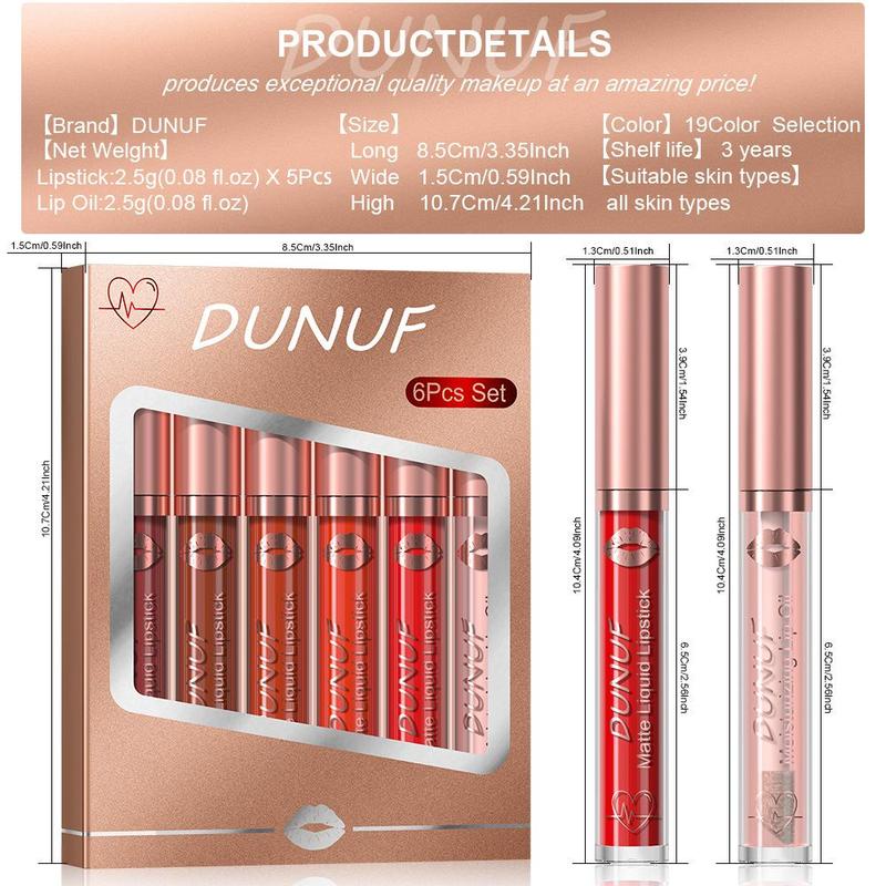 Long Lasting Lip Gloss Set, 6 Counts set Matte Lipstick & 1 Count Lip Liner, Waterproof Lip Glaze Set, Suitable for All Occasions Lip Makeup