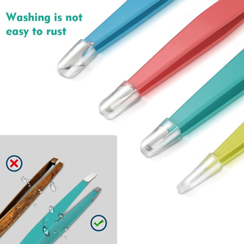 4-piece tweezers set for women, multicolored, with great precision for facial hair, ingrown hair and splinter removal.