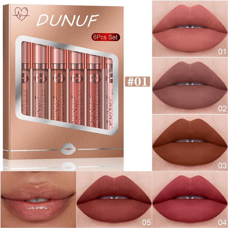 Long Lasting Lip Gloss Set, 6 Counts set Matte Lipstick & 1 Count Lip Liner, Waterproof Lip Glaze Set, Suitable for All Occasions Lip Makeup