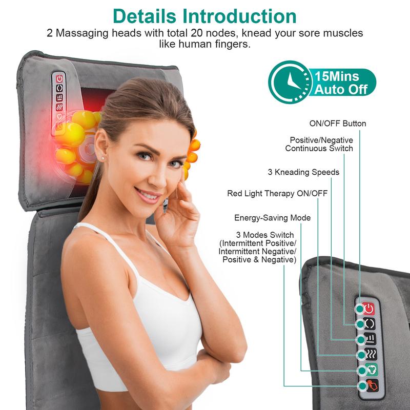 Full Body Massage Cushion with Heating 10 Neck Shiatsu Kneading Massage Heads, Multi-Function Electric Heated Massage Chair Back Cushion