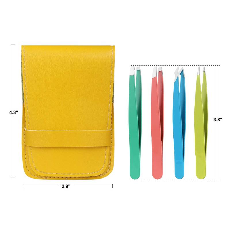 4-piece tweezers set for women, multicolored, with great precision for facial hair, ingrown hair and splinter removal.