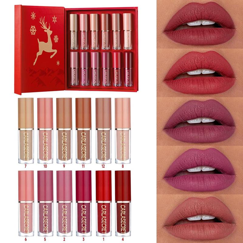 Long Lasting Matte Liquid Lipstick Set, 12pcs set Easy Coloring Lip Gloss, Suitable for All Occasions Lip Makeup, Girls and Women Makeup Accessories, Christmas Gift