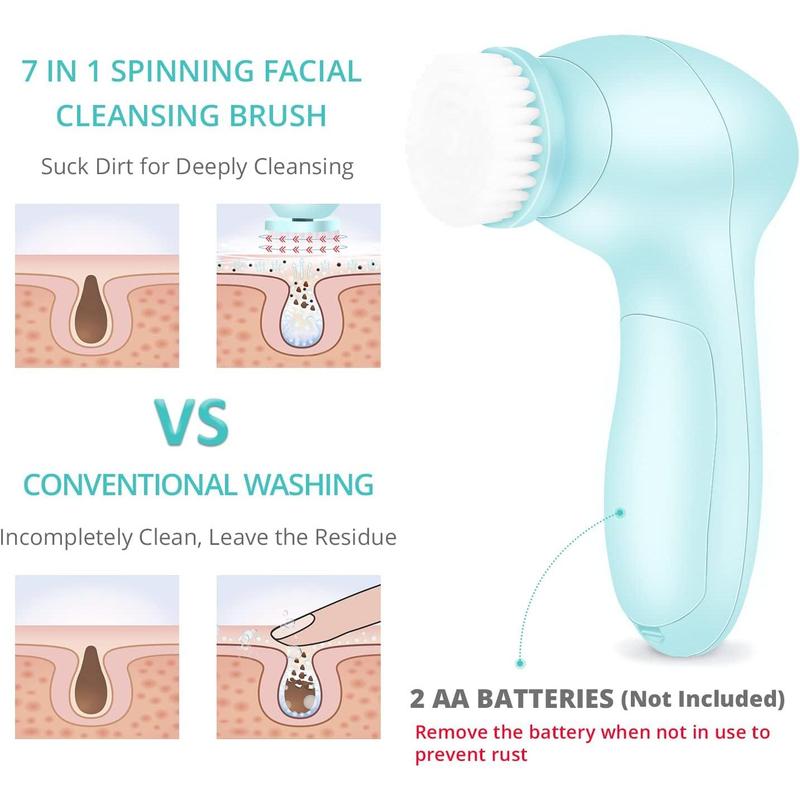 Electric Facial Cleansing Brush 7 in 1 -  Face Skin Spin Brush for Deep Cleansing, Gentle Exfoliating, Blackhead Removing and Massaging, Battery Operated Facial Cleanser Brush