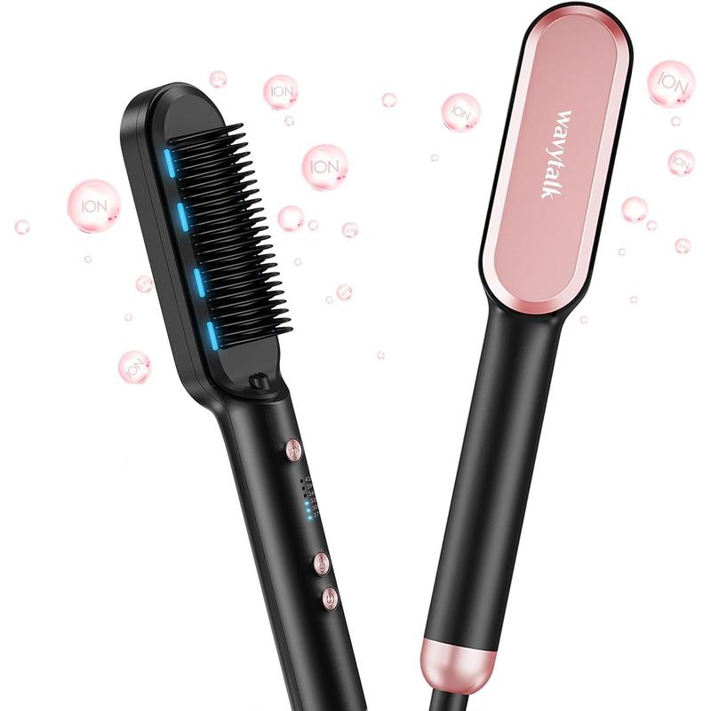 Wavytalk Hair Straightener Brush, Ionic Hair Straightening Brush with 6 Temperature Adjust, Anti-Scald Ceramic Hair Straightener Comb Fast Heating for Home Salon, Dual Voltage, Rose Gold.