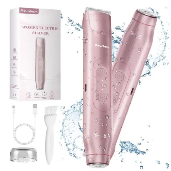 AKUNBEM Bikini Trimmer for Women, Electric Shaver and Razor Rechargeable 2-in-1 Body and Facial Epilator,Dual Heads for Painless Trimming of Pubic Hair,Face, Underarms and Legs,IPX7 Waterproof.Portable Rechargeable women's  electric