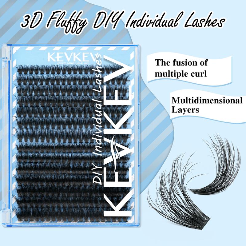 KevKev 280Pcs Fluffy Volume DIY Lash Clusters Kit 3D Eyelash Extension Kit with Lash Bond and Seal Remover Eyeliner Pen lash Curler 6-In-1(60D+80D)