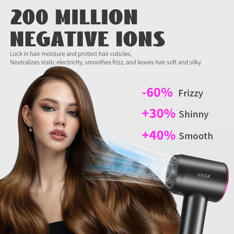 VASK Hair Dryer,200 Millions Negative Ionic Care , 110000 RPM Brushless Motor ,for Fast Drying , Low Noise , For travel and family use