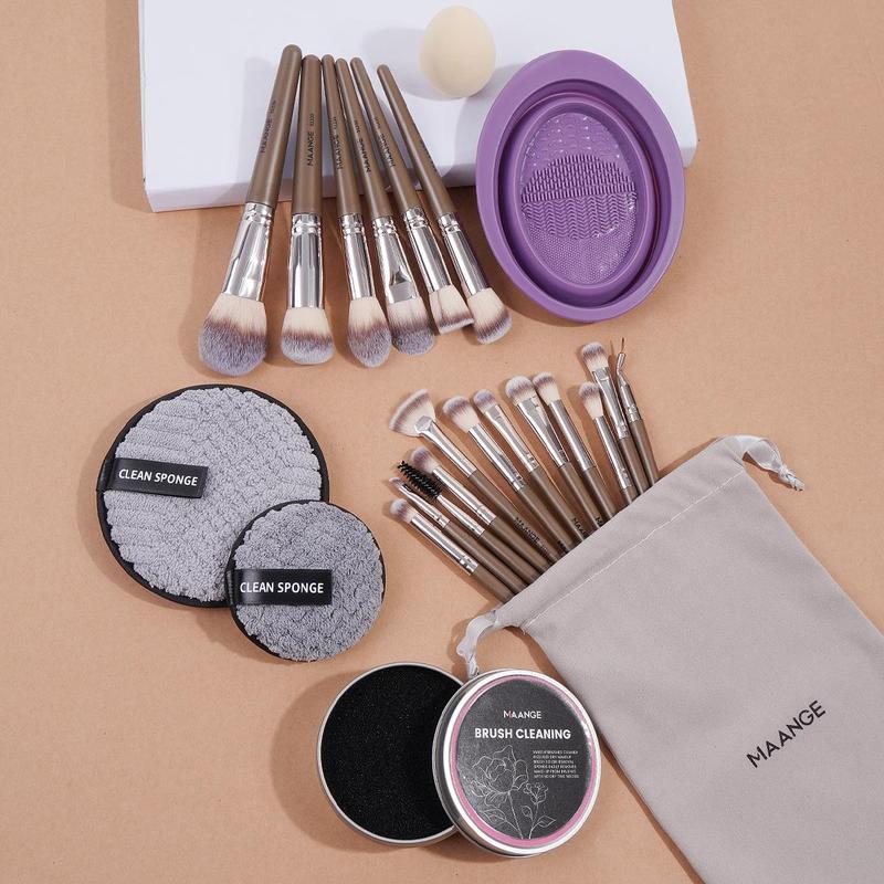 Makeup Brush & Cleaner Set, 24pcs set Makeup Brushes Beauty Sponges Powder Puffs Cosmetic Set, Makeup Tool Kit for Liquid, Powder, Cream, Lotion, Travel Makeup Set