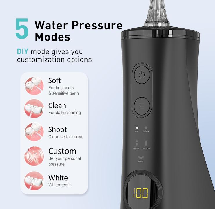 Water Dental Flosser Cordless, 5 Modes Cordless Portable 300ML Rechargeable Oral Irrigator for Teeth Cleaning, Portable & IPX7 Waterproof Teeth Cleaner Pick for Braces Home Travel Nozzle Removable Cleansing