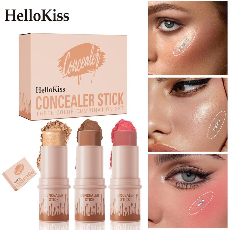 Makeup Essentials Set - Concealer Stick Trio with Highlighter Bronzer Blush Long Lasting Waterproof Medium Coverage Multi-shade Birthday Fall Gift