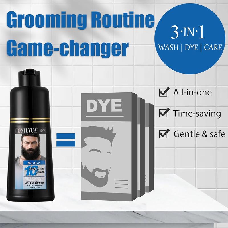 Men's 3-in-1 Black Beard & Hair Dye Shampoo, Instant Grey Darkening Beard Color Shampoo in 10 Minutes, Simpler Gray Reducing Mustache & Beard Dye for Men, with Plant Extract for Healthy Facial Hair Haircare