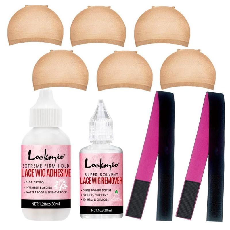 Lace Wig Glue Kit, 10pcs set Including 1 Wig Glue, 1 Wig Remover, 6 Wig Caps, 2 Hair Ties, Professional Wig Styling Kit