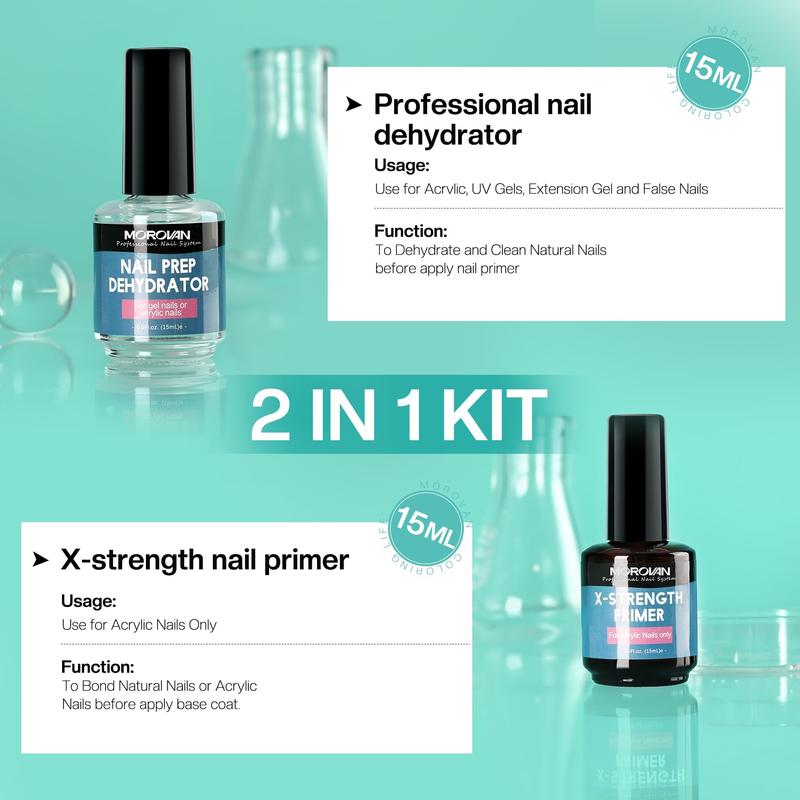 Morovan Nail Prep Dehydrator and Nail Primer X-strength, No Burn Non Acid Nail Primer and Dehydrator for Acrylic Powder Fast Dry 0.5oz Nail Primer Set