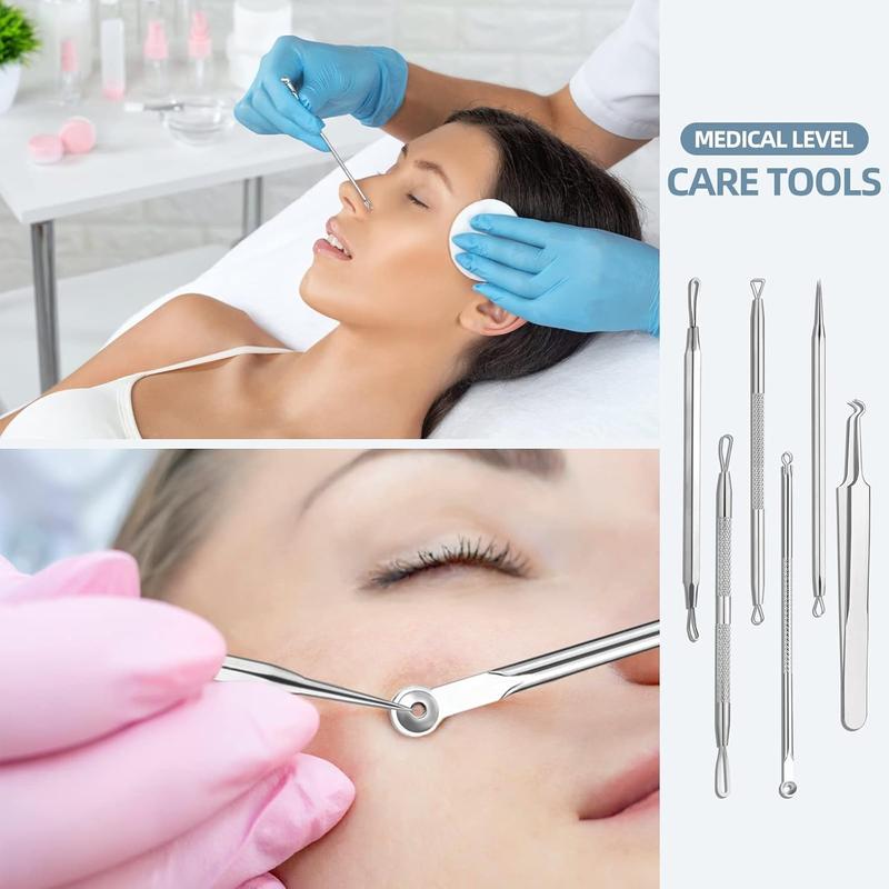 Blackhead Remover Tool Comedones Extractor Acne Removal Kit for Blemish, Whitehead Popping, 6 Pcs Zit Removing for Nose Face Tools with a Leather Bag