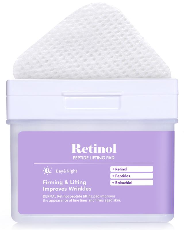 DERMAL Retinol Peptide Lifting Pad - Korean Toner Pad for Anti-Aging & Wrinkles with Bakuchiol - Vegan Pure Cotton Square Pads, 120 Sheets