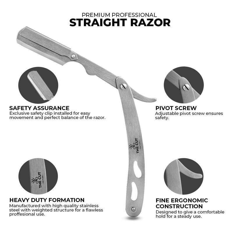 The Cut- Factory- Straight Razor with 100 Pack Platinum Treat Single Blade Razors for Men- Professional Barber Straight Edge Razor for Close Shaving 100 Percent Stainless Steel-Silver