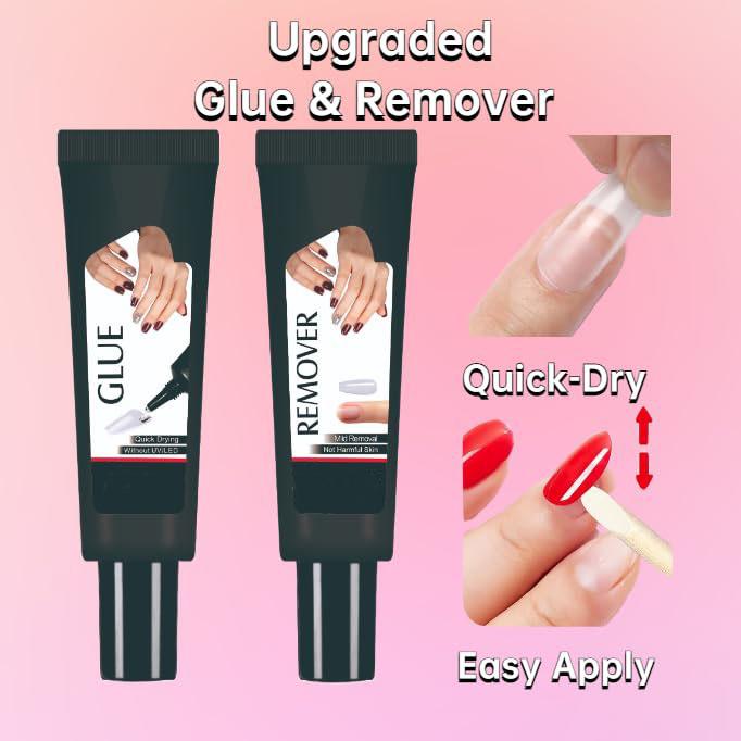 Fast-Drying Nail Glue & Remover Set (10g Glue, 10ml Remover) – Strong Adhesive for Press-On & Acrylic Nails, UV Lamp Not Needed! Gel Nail Art Nail Care Nail Polish Nail Care Nail Polish Dropper Flawless