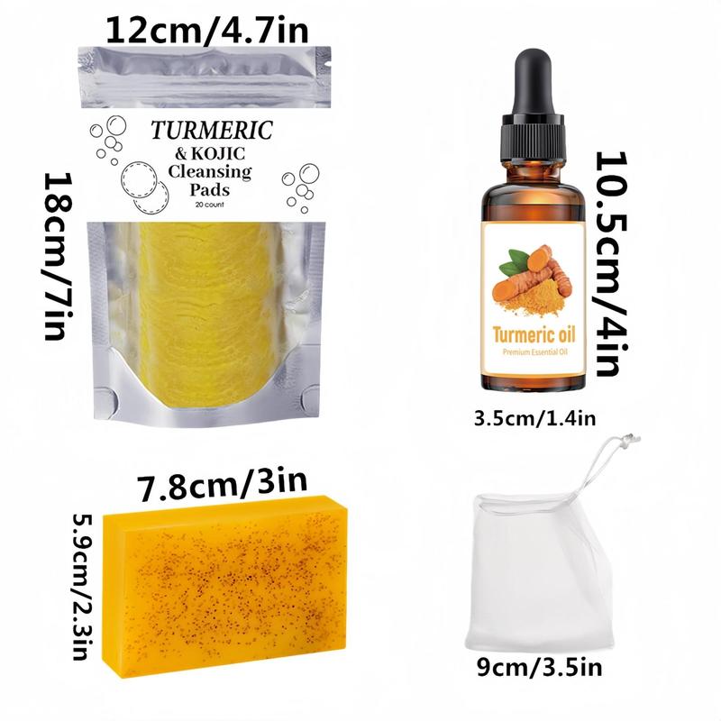 Turmeric Skin Care Kit, 4 Counts set Turmeric Kojic Acid Soap & Cleansing Pads & Turmeric Oil & Face Cream, Daily Cleaning Skin Care Sets for Men & Women, Christmas Gift