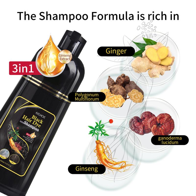  Instant Black Hair Dye Shampoo-3 in 1 Formula- Ginger, Polygonum Multiflorum, Ganoderma lucidum, Ginseng,   Long-Lasting Gray Coverage Nourishing Ginseng Herbal Moisturizing Formula Gentle Haircare any