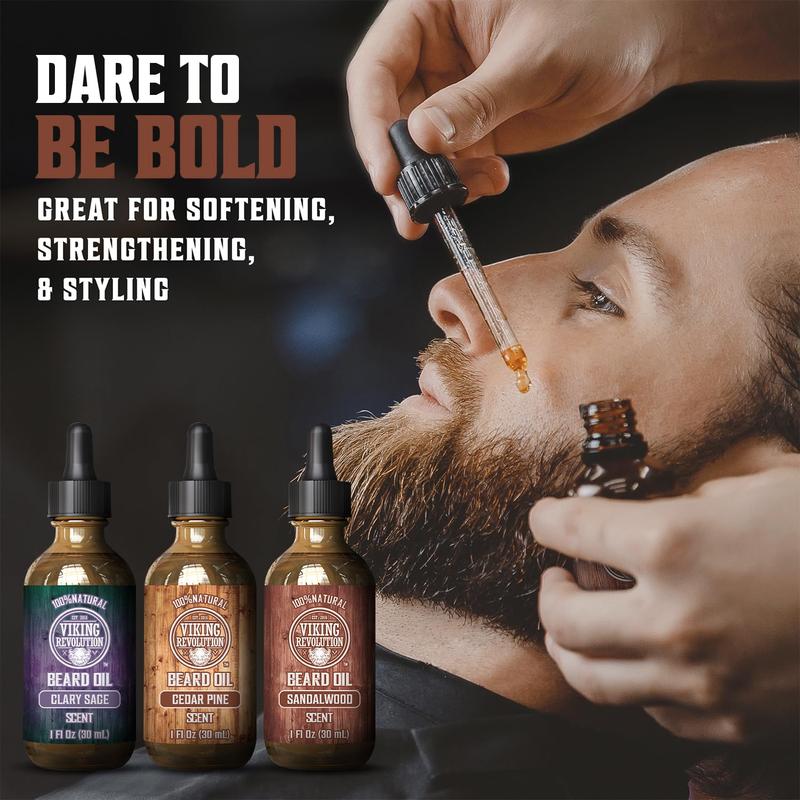 Viking Revolution Beard Oil Conditioner 3 Pack - Variety Set - Sandalwood, Pine & Cedar, Clary Sage Conditioning and Moisturizing for a Healthy Beard Argan Argan Oil Hair Care Blend