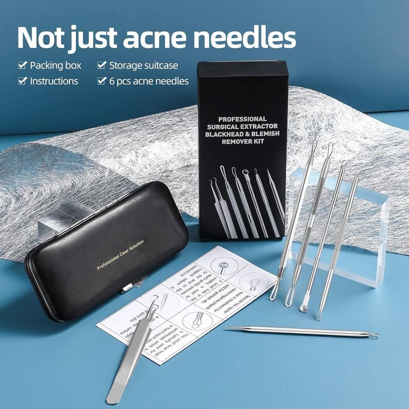 Blackhead Remover Tool Comedones Extractor Acne Removal Kit for Blemish, Whitehead Popping, 6 Pcs Zit Removing for Nose Face Tools with a Leather Bag