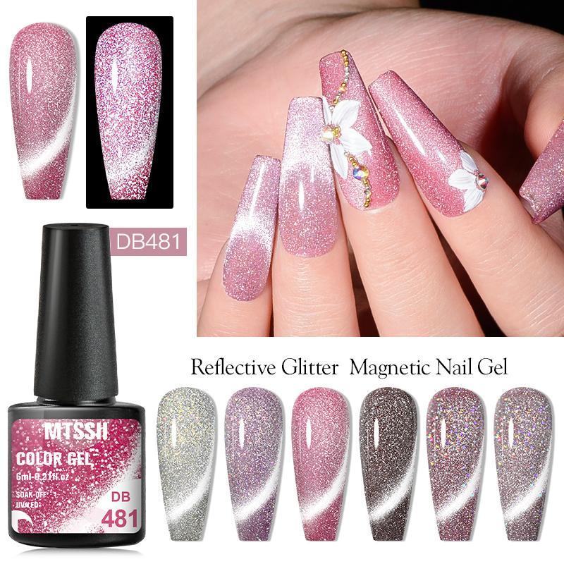 Reflective Glitter Magnetic Gel Nail Polish Set, 6 Counts Magic Color Laser Cat UV Gel with 1 Count Magnetic Stick, Nail Art Kit for Home Salon