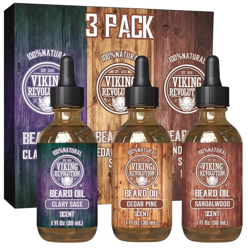 Viking Revolution Beard Oil Conditioner 3 Pack - Variety Set - Sandalwood, Pine & Cedar, Clary Sage Conditioning and Moisturizing for a Healthy Beard Argan Argan Oil Hair Care Blend