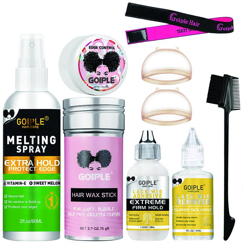 9 Count Wig Essentials Kit - Lace Front Wig Glue, Remover, Wig Caps, Elastic Band, Hair Wax Stick, Edge Control and Brush