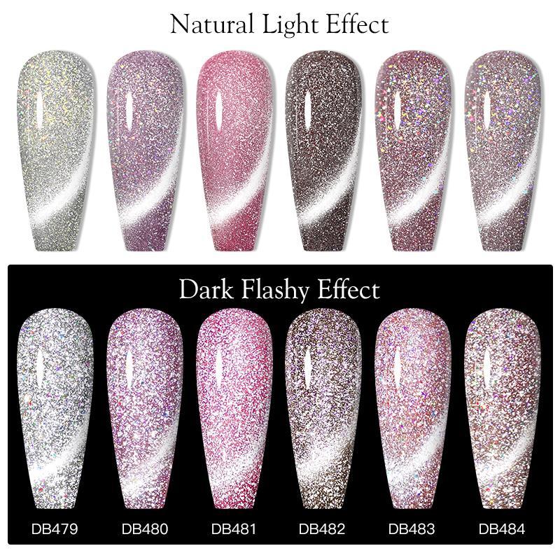 Reflective Glitter Magnetic Gel Nail Polish Set, 6 Counts Magic Color Laser Cat UV Gel with 1 Count Magnetic Stick, Nail Art Kit for Home Salon