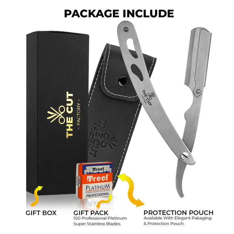 The Cut- Factory- Straight Razor with 100 Pack Platinum Treat Single Blade Razors for Men- Professional Barber Straight Edge Razor for Close Shaving 100 Percent Stainless Steel-Silver