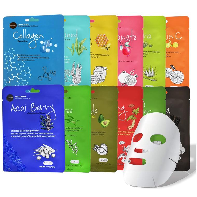 Celavi Essence Facial Sheet Face Mask Variety Set Classic Authentic Korean Moisturizing Skincare (12-Packs) Hydrating Aloe