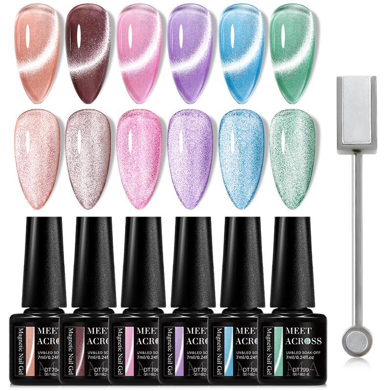 Glitter Cat Eye Gel Nail Polish Set, 6 Counts Sparkling Nail Varnish with 1 Magnetic Stick, Glossy Finish Soak Off UV LED Nail Art Kit