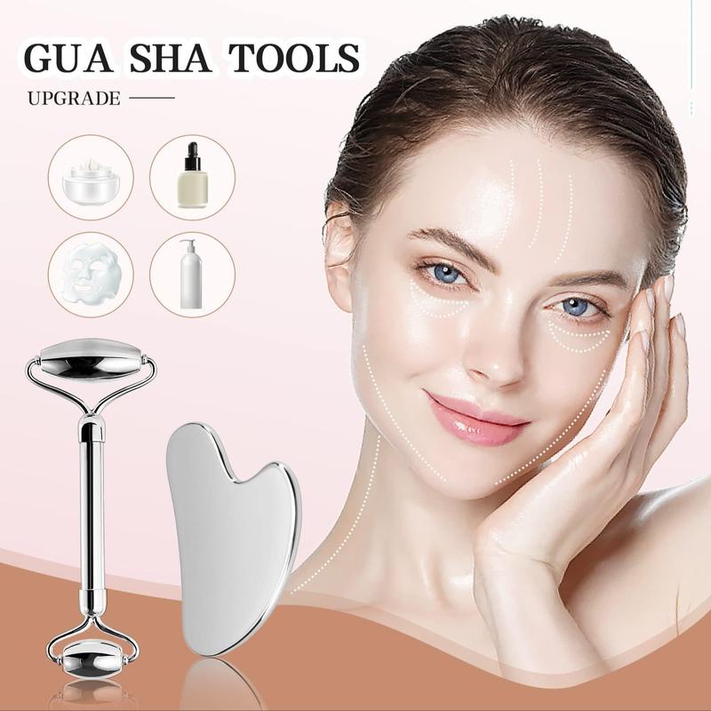 Stainless Steel Facial Massage Tool, 2pcs set Facial Skincare Roller & Gua Sha Board, Daily Use Body Massage Tool, Manual Guasha Tool for Face & Body