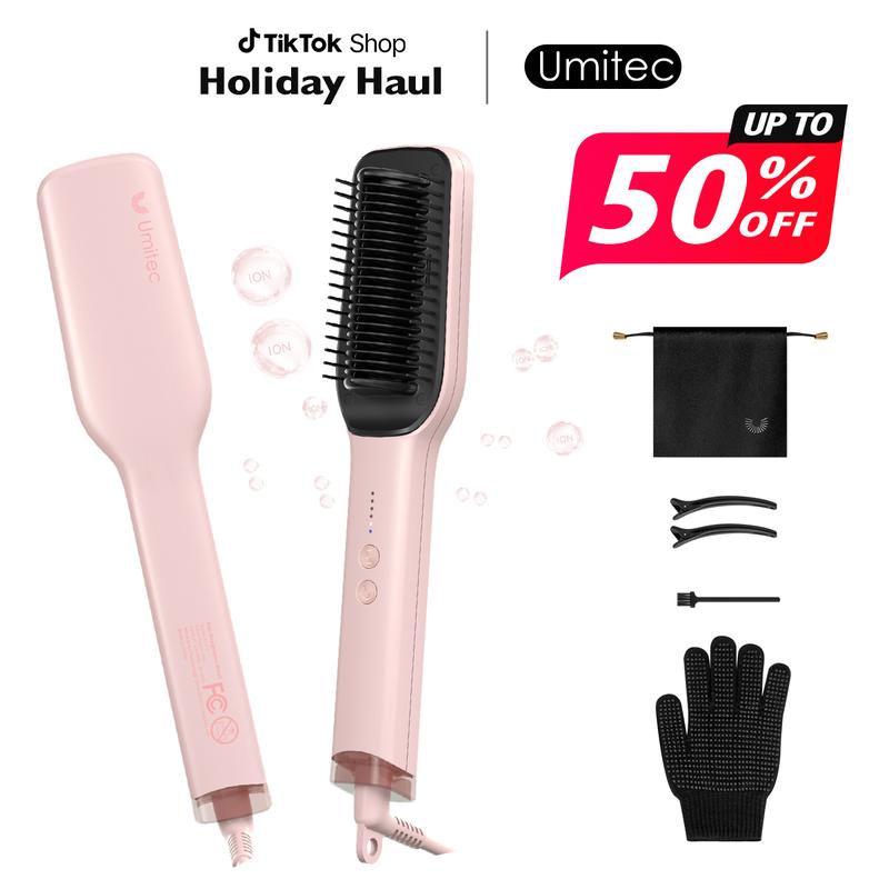 Umitec Hair Straightener Comb for Frizz-Free Hair with 5 Temp Settings & Dual Voltage Negative ion Salon Hair Brush Comfort