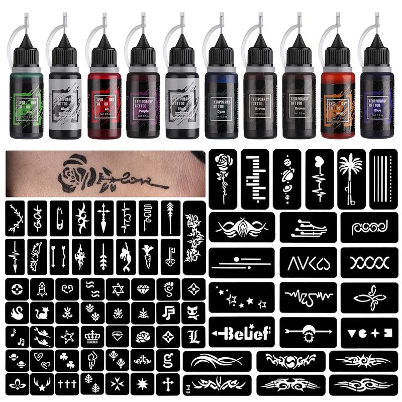 Temporary Tattoo Kit 10 Bottles Color Inks, 84 Pcs Stencils Kit for Body Paint DIY Tattoos Temp, 10 Colors DIY Fake Tattoo for Women Kids