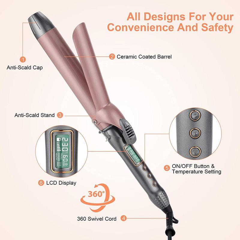 Professional Hair Curler, 1 Count Wave Ceramic Coated Plate PTC Heater LCD Display Curling Iron, Hair Styling Tool for Home & Salon Use